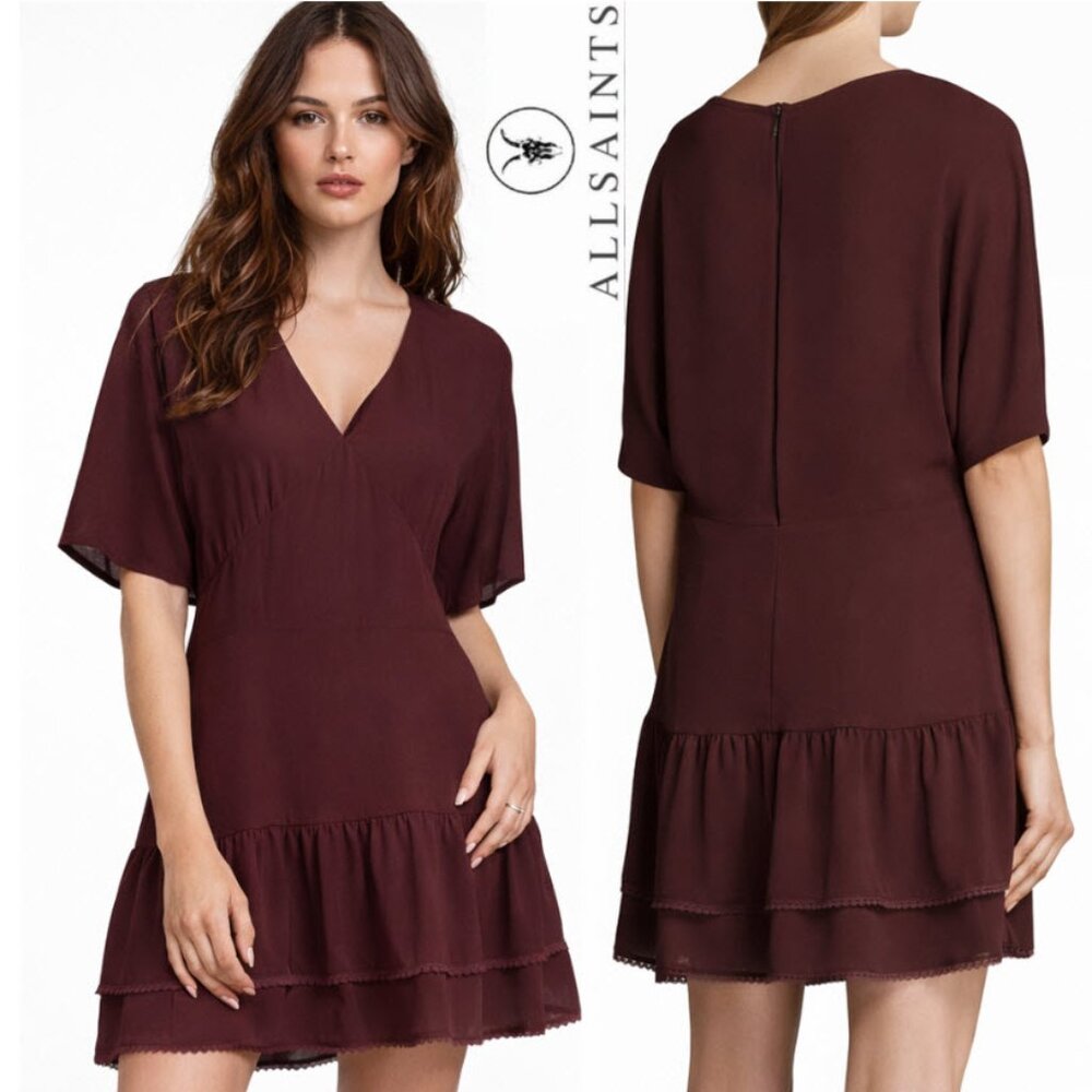 AllSaints Marley Tiered Burgundy Mini Dress V-Neck Flowy Boho Size 4